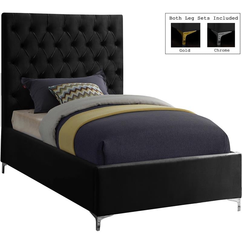Maklaine Contemporary Solid Wood Tufted Velvet Twin Bed in Black