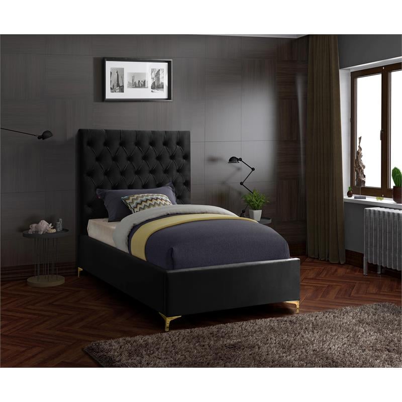 Maklaine Contemporary Solid Wood Tufted Velvet Twin Bed in Black