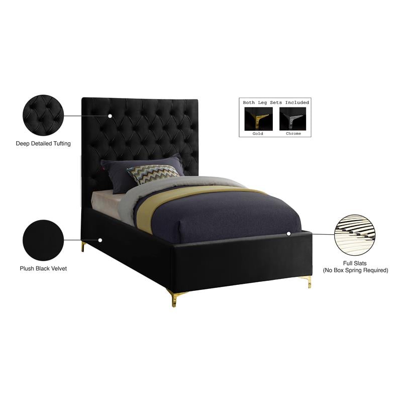 Maklaine Contemporary Solid Wood Tufted Velvet Twin Bed in Black