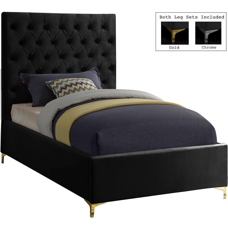 Maklaine Contemporary Solid Wood Tufted Velvet Twin Bed in Black