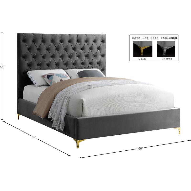 Maklaine Contemporary Solid Wood Tufted Velvet Full Bed in Gray