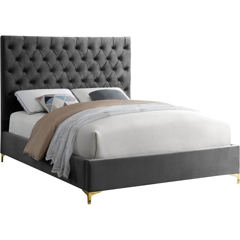 Maklaine Contemporary Solid Wood Tufted Velvet Full Bed in Gray