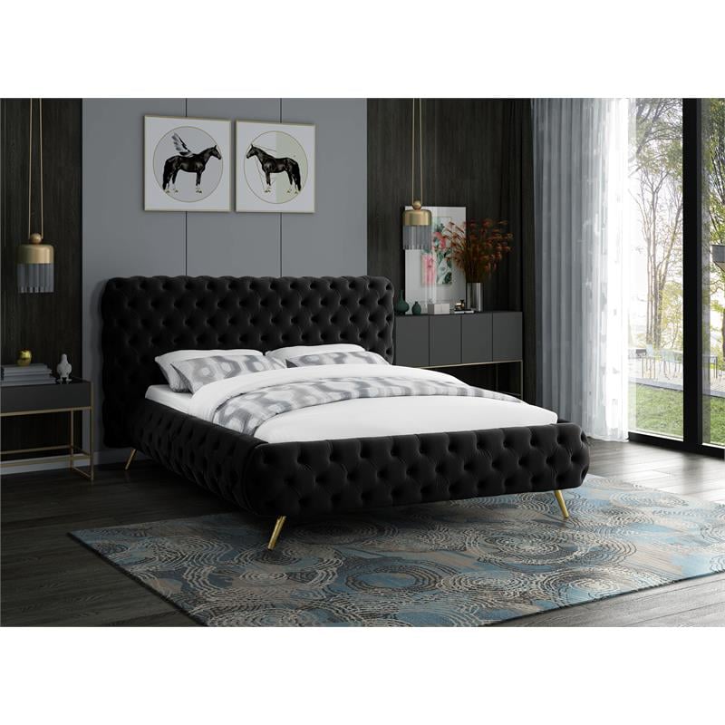 Maklaine Contemporary Solid Wood Tufted Velvet King Bed in Black