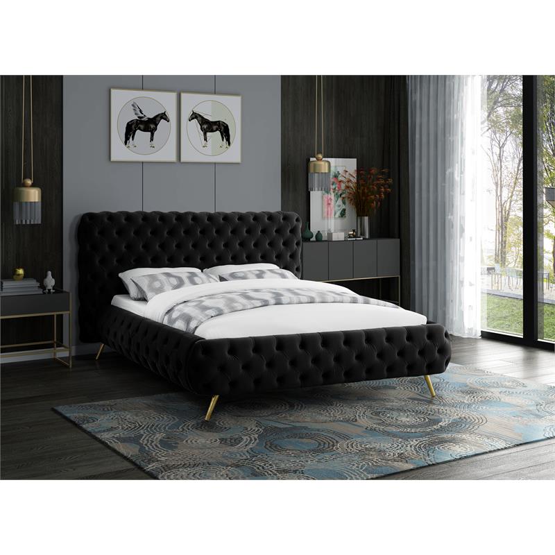 Maklaine Contemporary Solid Wood Tufted Velvet Queen Bed in Black