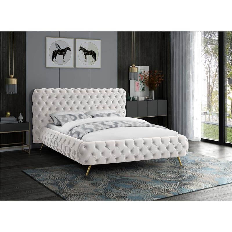 Maklaine Contemporary Solid Wood Tufted Velvet Queen Bed in Cream