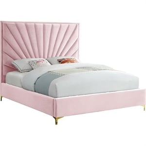 Maklaine Contemporary Solid Wood and Velvet Full Bed in Pink