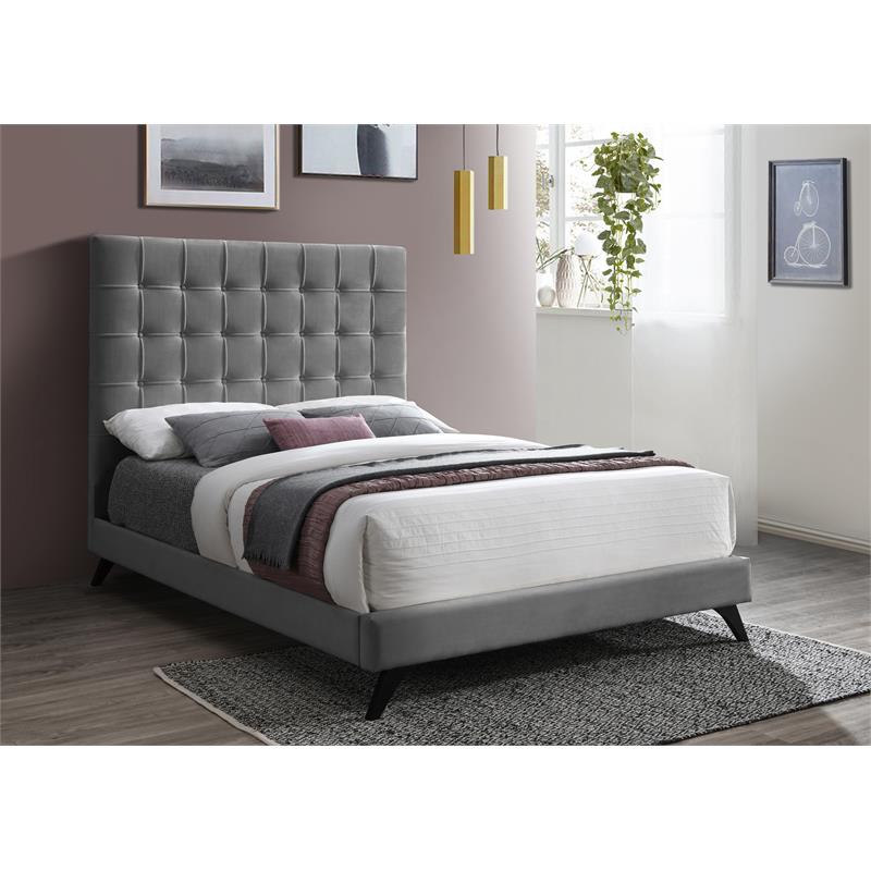 Maklaine Contemporary Upholstery Gray Velvet King Bed