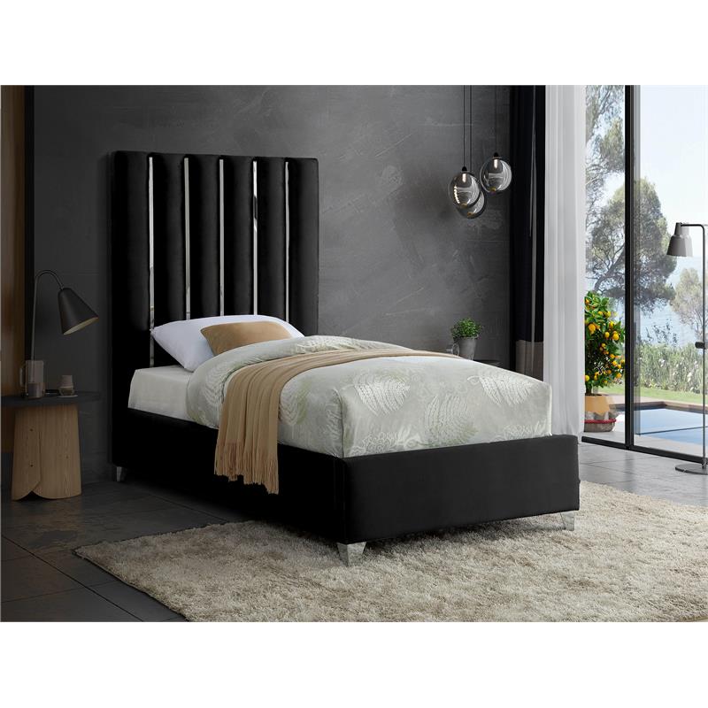 Maklaine Contemporary Solid Wood and Velvet Twin Bed in Black