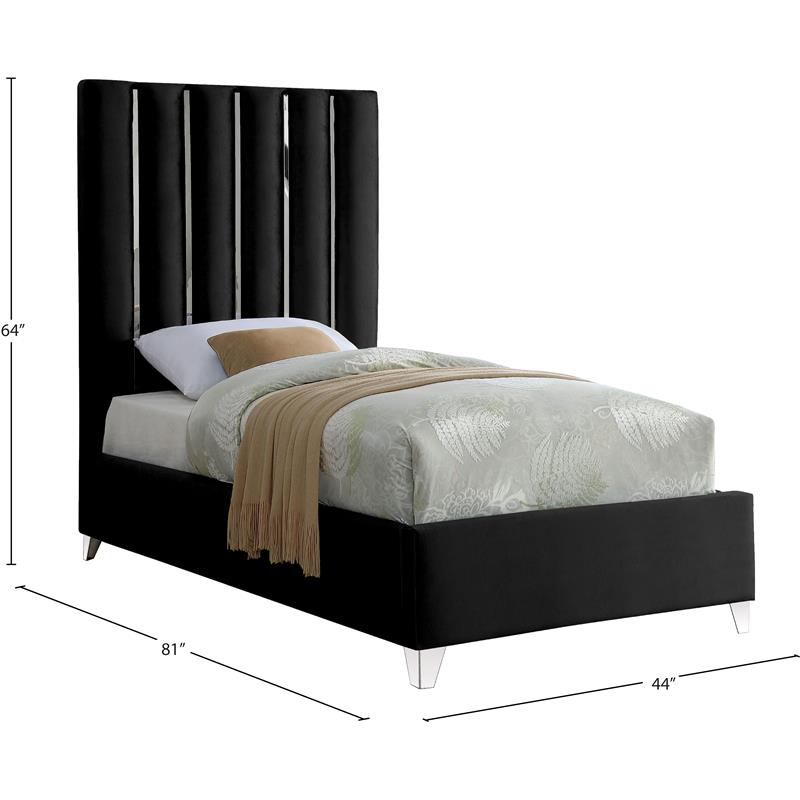 Maklaine Contemporary Solid Wood and Velvet Twin Bed in Black