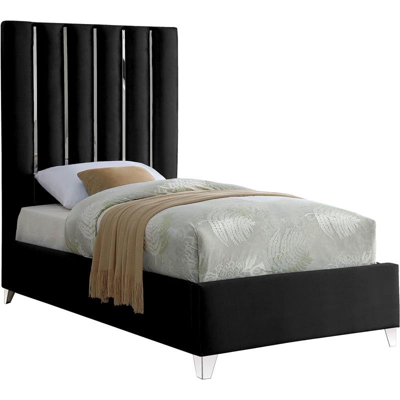 Maklaine Contemporary Solid Wood and Velvet Twin Bed in Black
