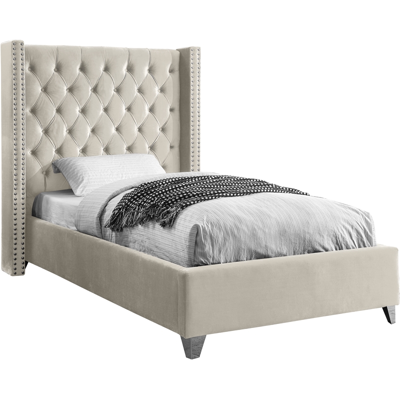 Maklaine Solid Wood Tufted Velvet Wing Back Twin Bed in Cream