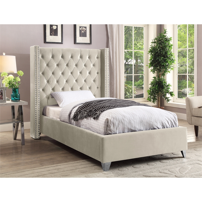 Maklaine Solid Wood Tufted Velvet Wing Back Twin Bed in Cream