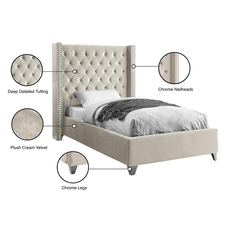 Maklaine Solid Wood Tufted Velvet Wing Back Twin Bed in Cream
