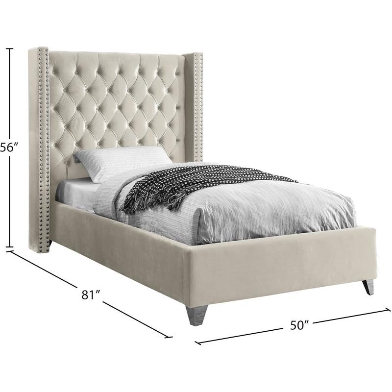 Maklaine Solid Wood Tufted Velvet Wing Back Twin Bed in Cream
