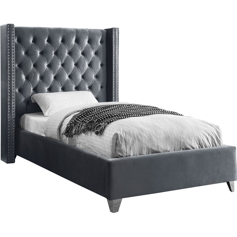 Maklaine Solid Wood Tufted Velvet Wing Back Twin Bed in Gray