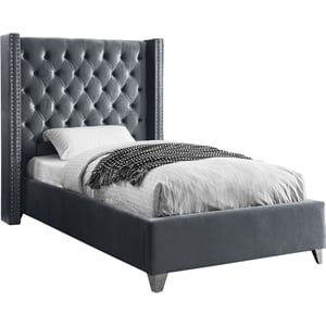 maklaine solid wood tufted velvet wing back twin bed in gray