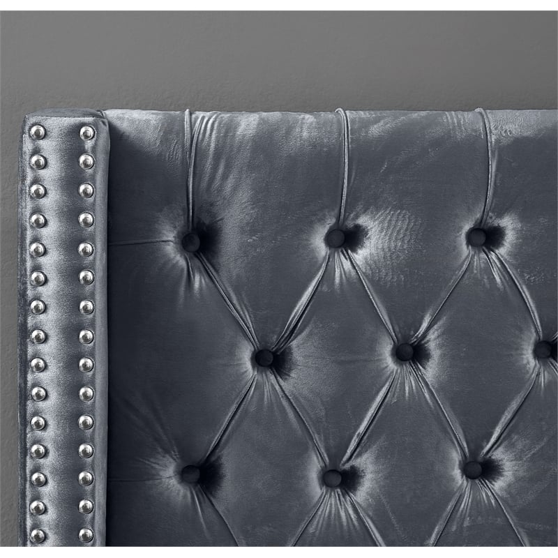 Maklaine Solid Wood Tufted Velvet Wing Back Twin Bed in Gray