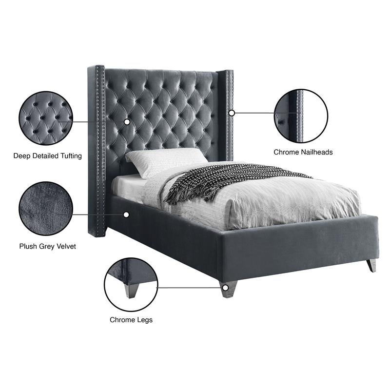 Maklaine Solid Wood Tufted Velvet Wing Back Twin Bed in Gray