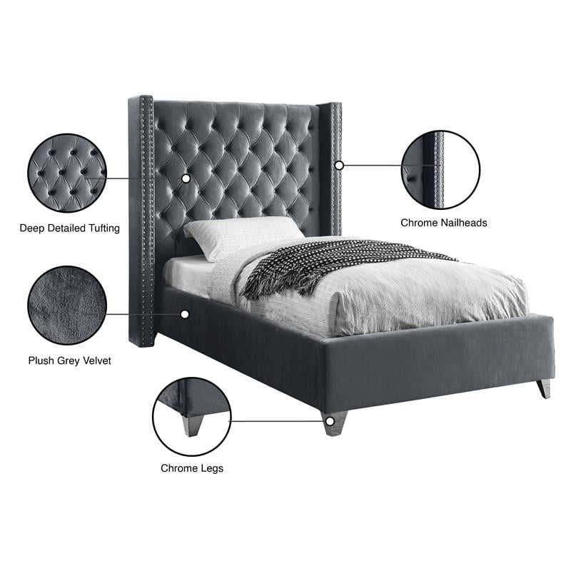 Maklaine Solid Wood Tufted Velvet Wing Back Twin Bed in Gray