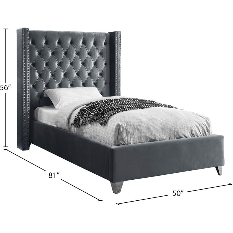 Maklaine Solid Wood Tufted Velvet Wing Back Twin Bed in Gray