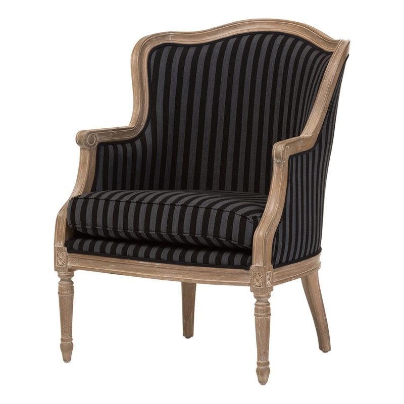 Maklaine Traditional Wood/Cotton Stripes Pattern Accent Chair in Black/Gray
