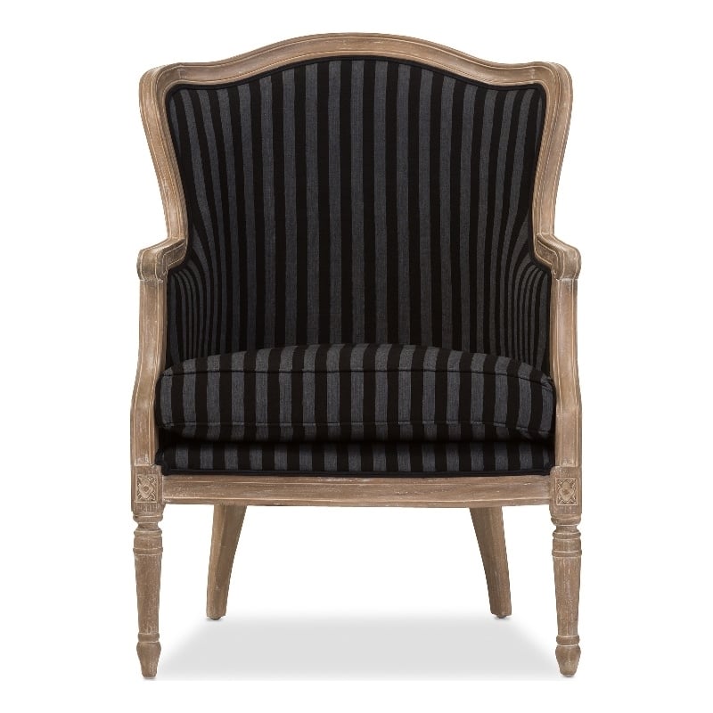 Maklaine Traditional Wood/Cotton Stripes Pattern Accent Chair in Black/Gray