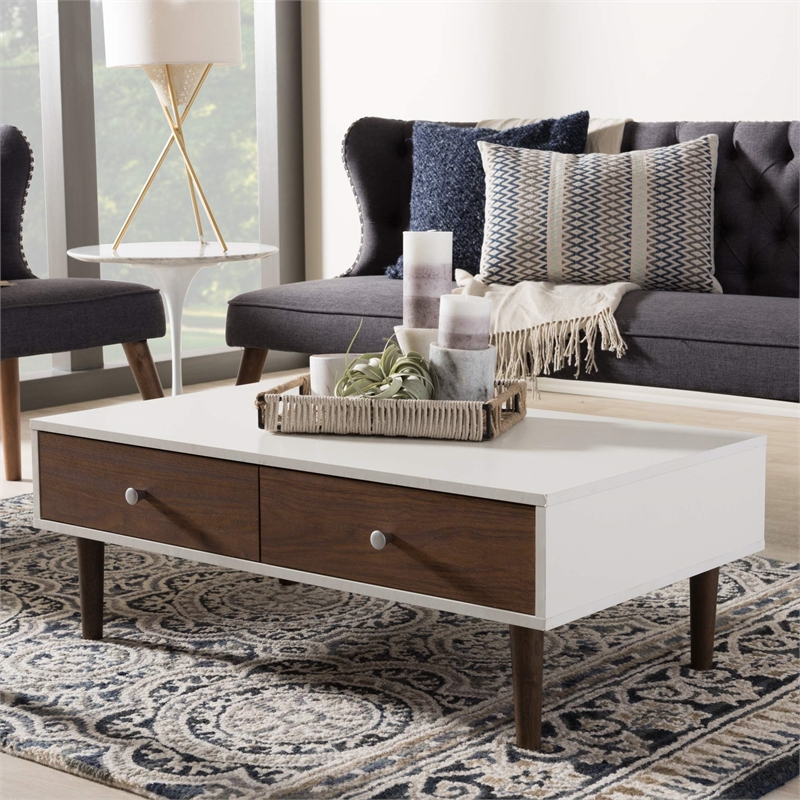 Maklaine Modern Wood Top Storage Coffee Table in White and Brown