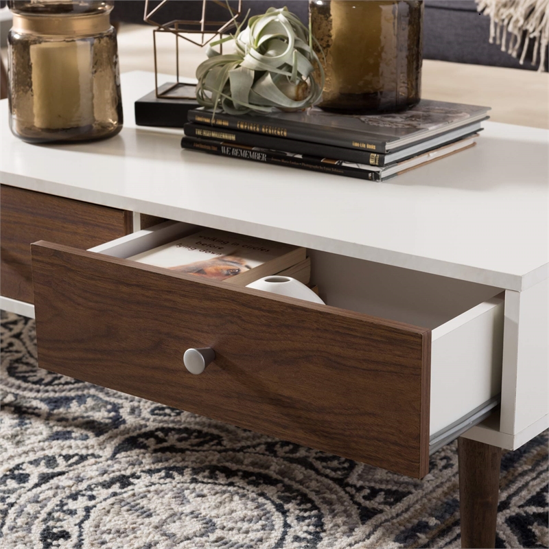 Maklaine Modern Wood Top Storage Coffee Table in White and Brown