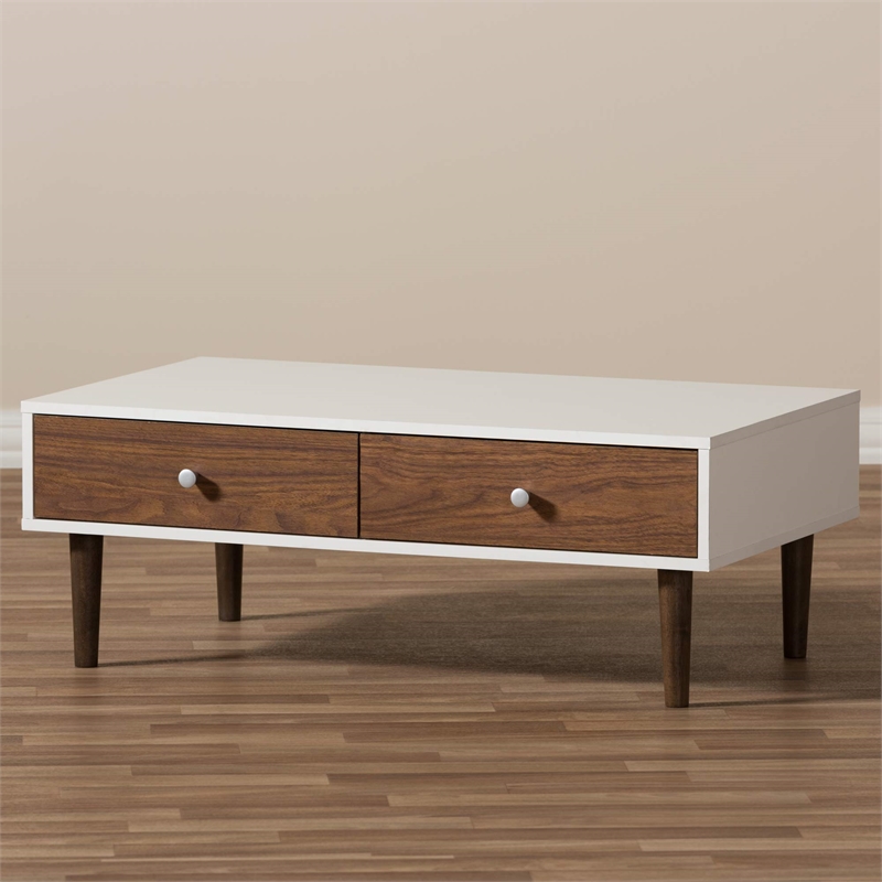 Maklaine Modern Wood Top Storage Coffee Table in White and Brown