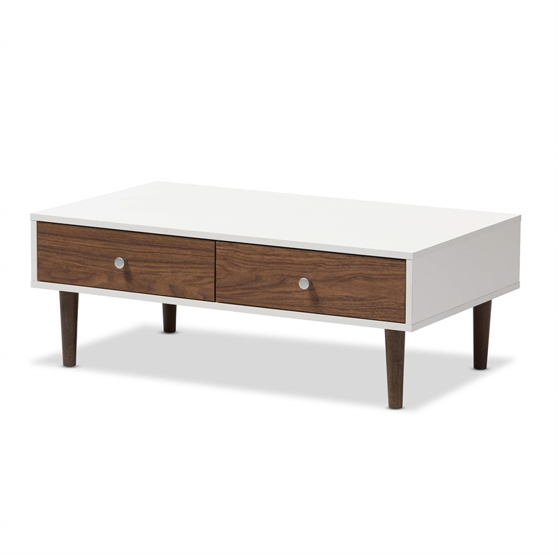 Maklaine Modern Wood Top Storage Coffee Table in White and Brown