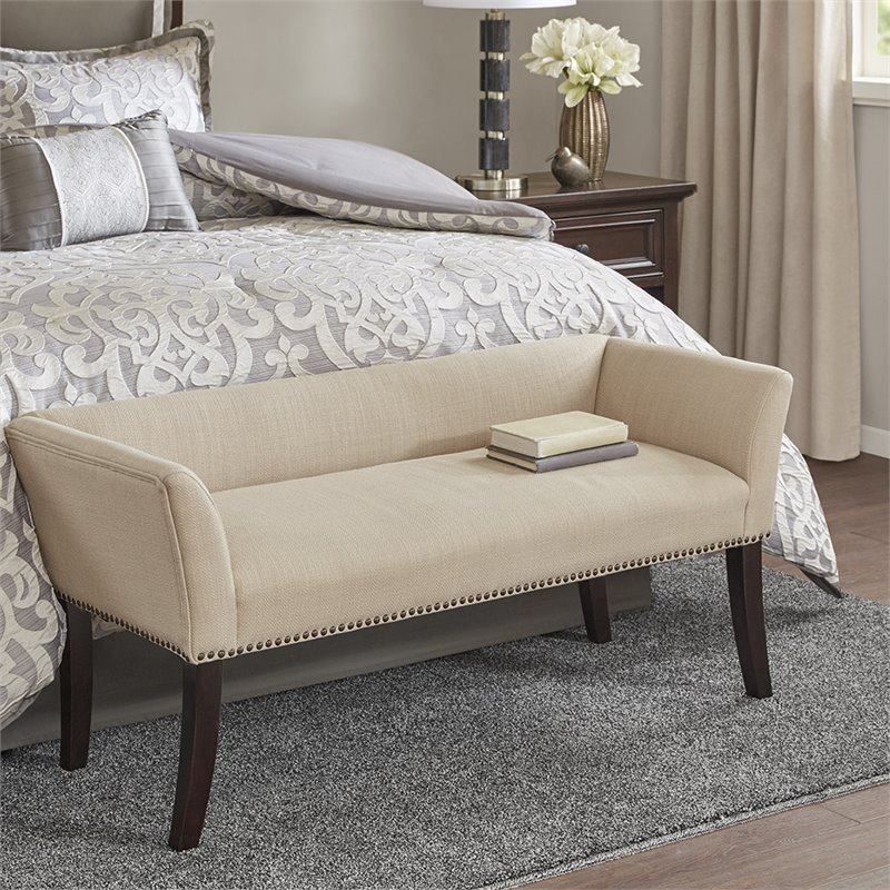 Maklaine Transitional Solid Wood and Fabric Upholstered Accent Bench in Cream