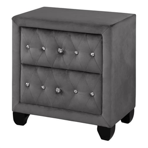 Maklaine Crystal Tufted Modern Velvet & Wood Nightstand in Gray