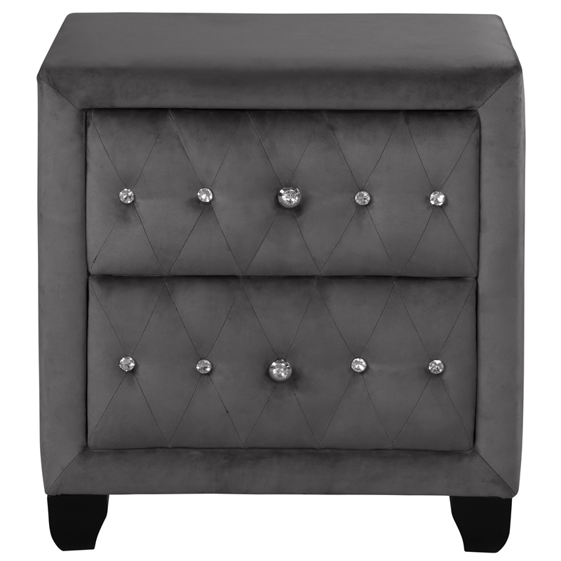 Maklaine Crystal Tufted Modern Velvet & Wood Nightstand in Gray