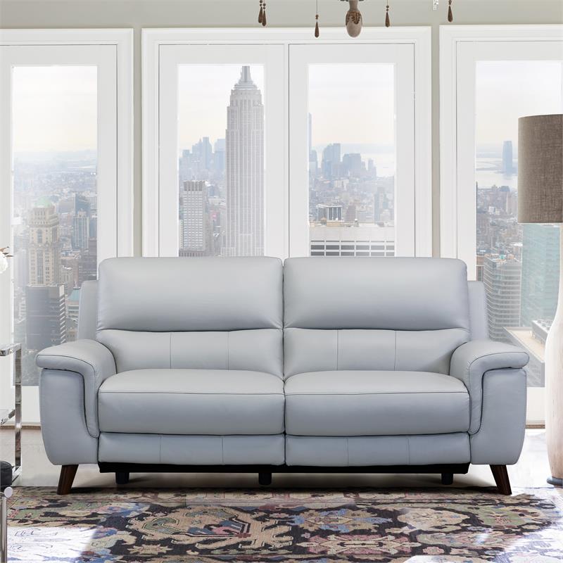 Maklaine Contemporary Genuine Leather/Wood Sofa in Gray/Espresso