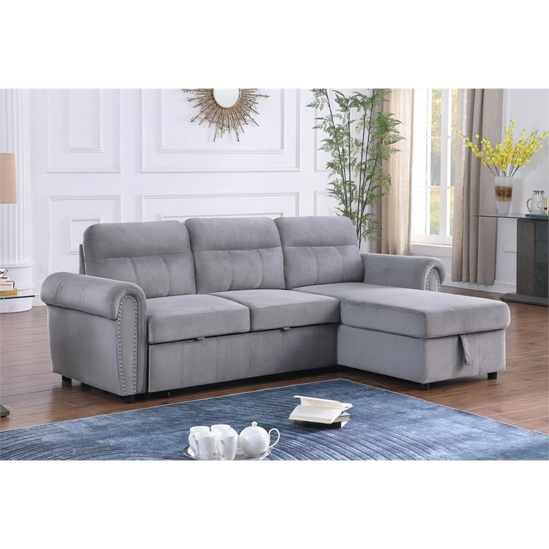 Maklaine Velvet Fabric Reversible Sleeper Sectional Sofa Chaise in Gray