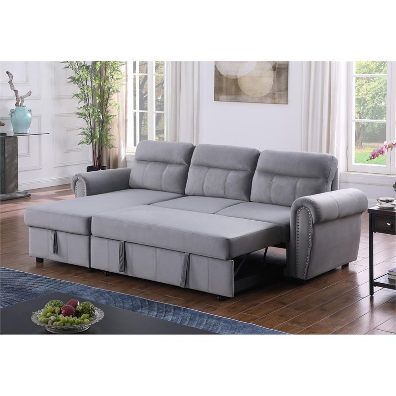 Maklaine Velvet Fabric Reversible Sleeper Sectional Sofa Chaise in Gray