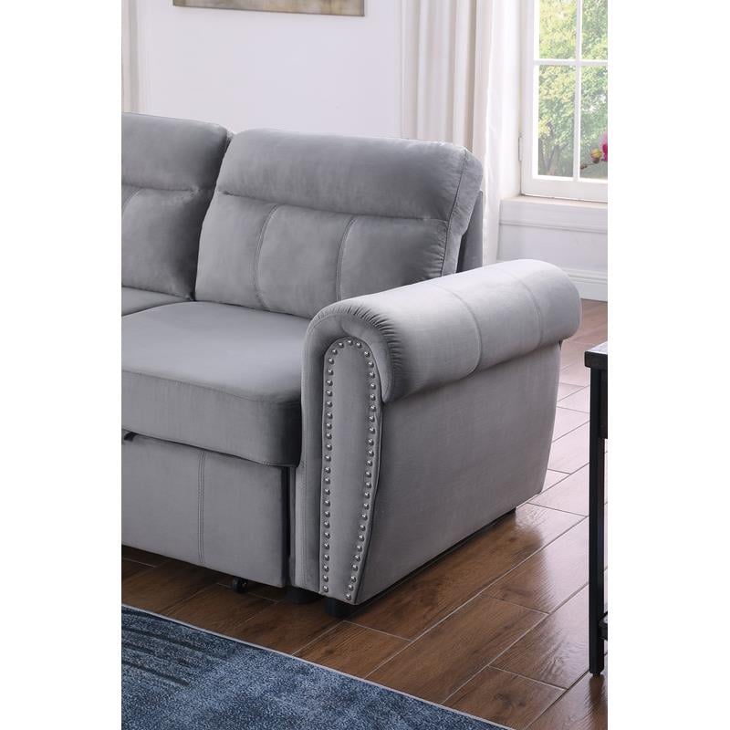 Maklaine Velvet Fabric Reversible Sleeper Sectional Sofa Chaise in Gray