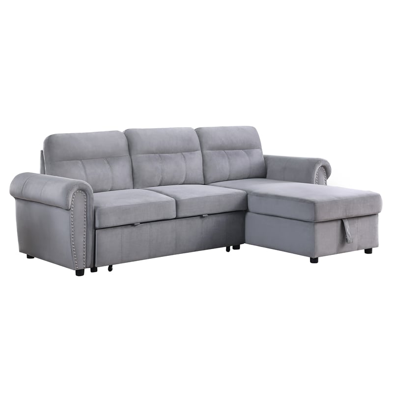 Maklaine Velvet Fabric Reversible Sleeper Sectional Sofa Chaise in Gray
