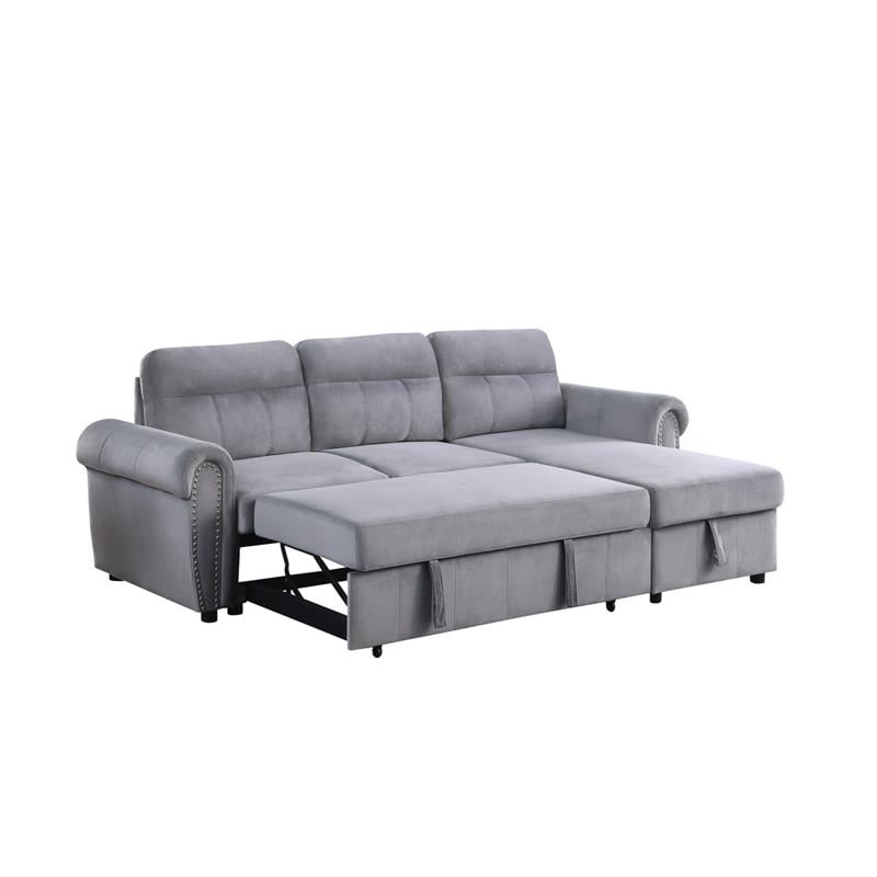 Maklaine Velvet Fabric Reversible Sleeper Sectional Sofa Chaise in Gray