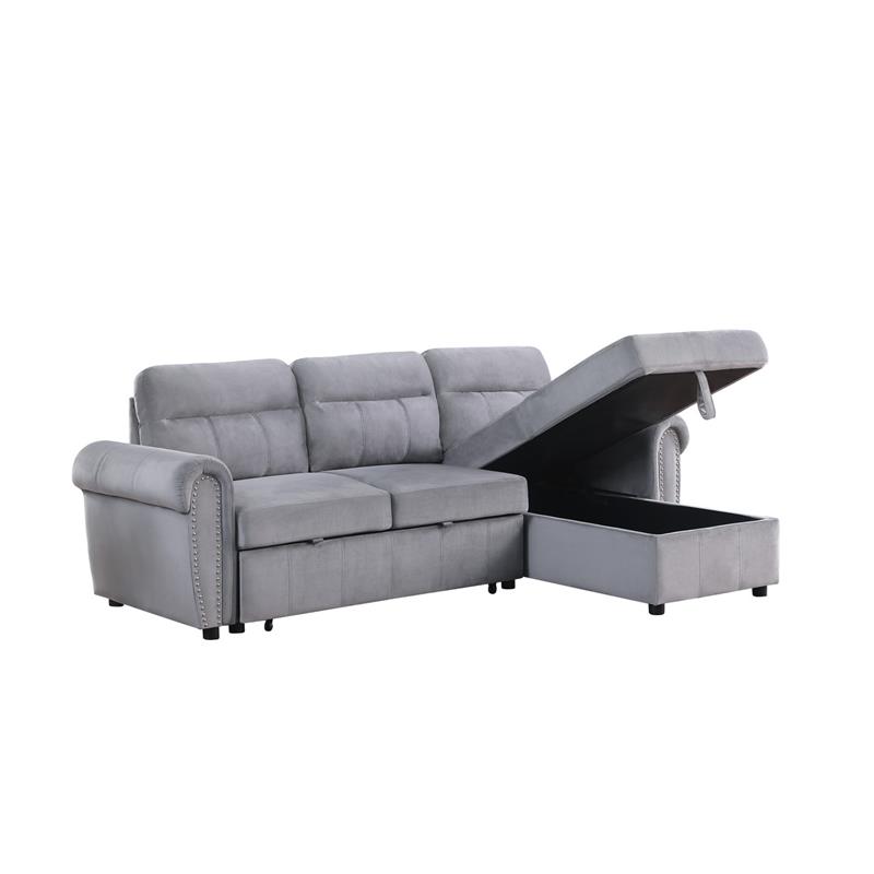 Maklaine Velvet Fabric Reversible Sleeper Sectional Sofa Chaise in Gray