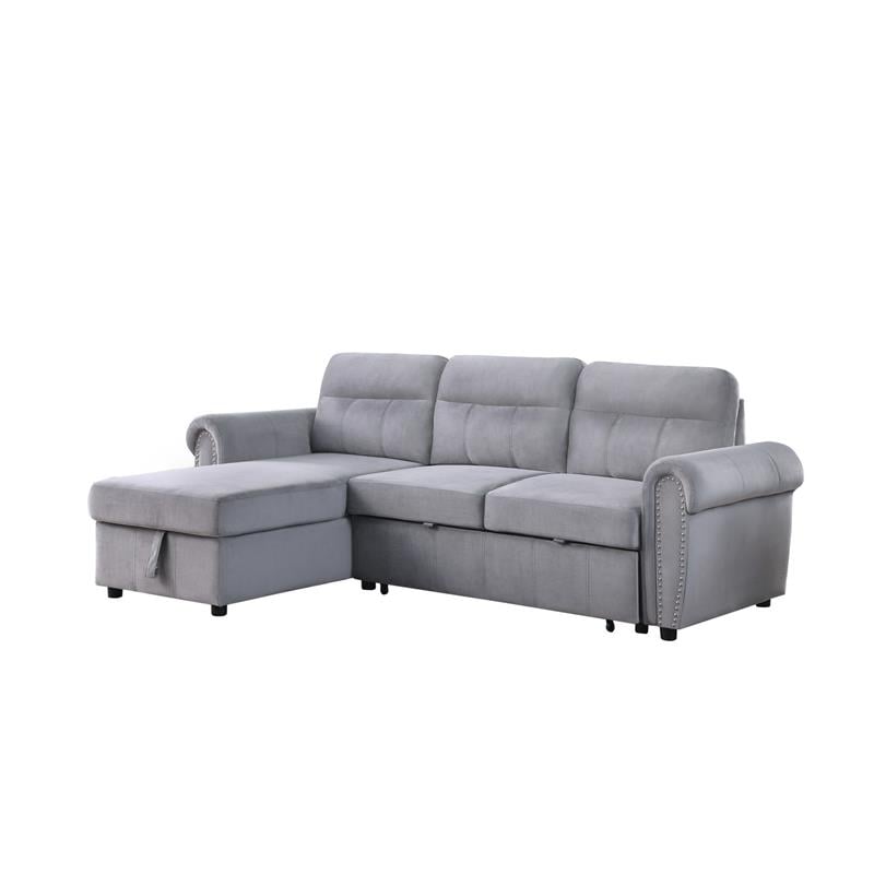 Maklaine Velvet Fabric Reversible Sleeper Sectional Sofa Chaise in Gray