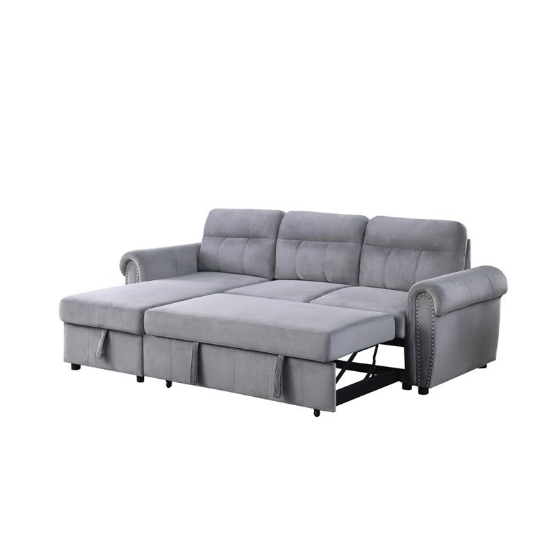 Maklaine Velvet Fabric Reversible Sleeper Sectional Sofa Chaise in Gray