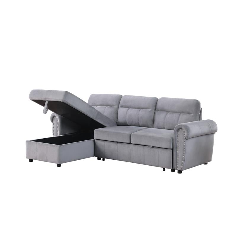 Maklaine Velvet Fabric Reversible Sleeper Sectional Sofa Chaise in Gray