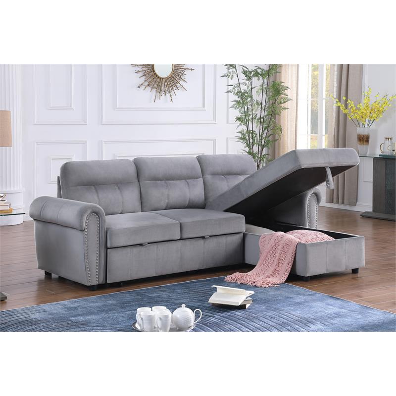 Maklaine Velvet Fabric Reversible Sleeper Sectional Sofa Chaise in Gray