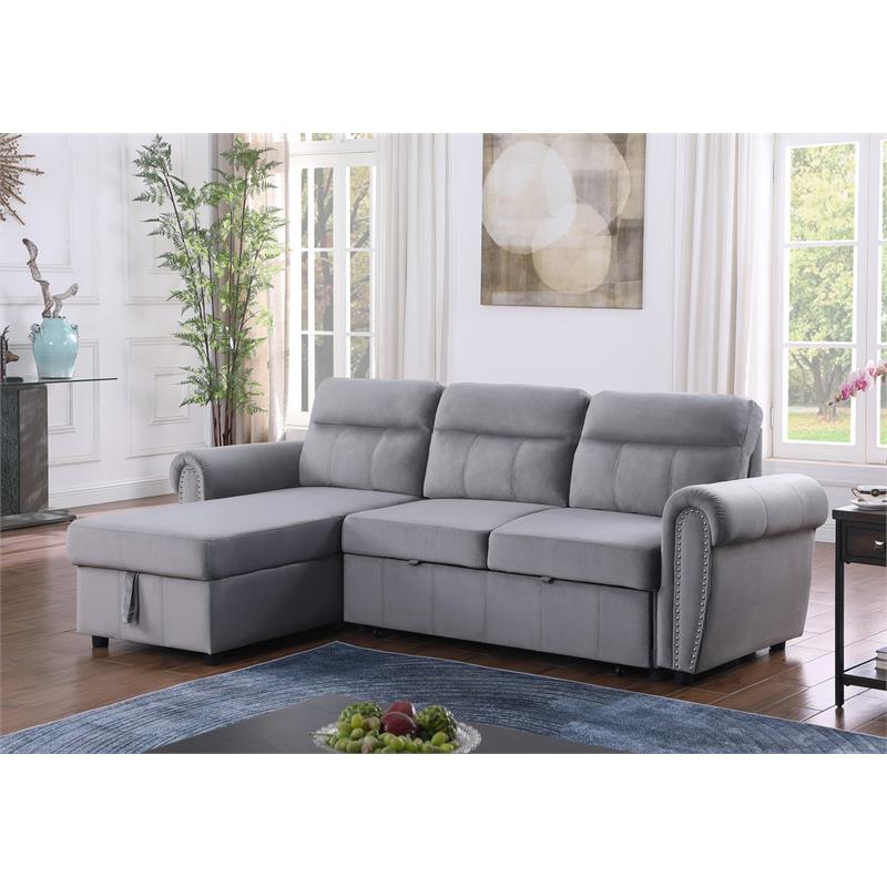 Maklaine Velvet Fabric Reversible Sleeper Sectional Sofa Chaise in Gray