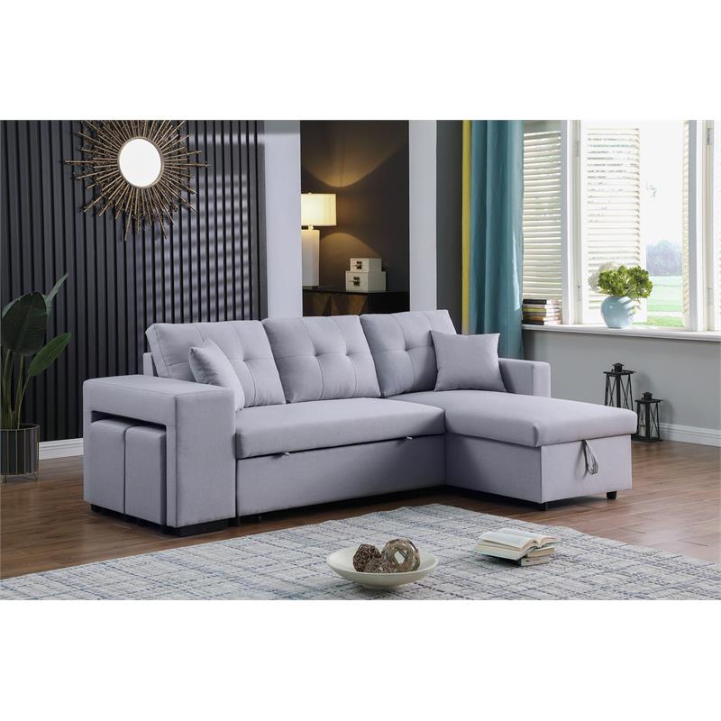 Maklaine Linen Fabric Reversible Sleeper Sectional Storage Chaise Stool in Gray