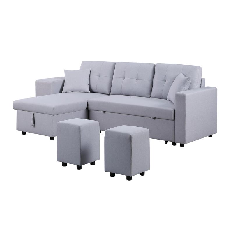 Maklaine Linen Fabric Reversible Sleeper Sectional Storage Chaise Stool in Gray