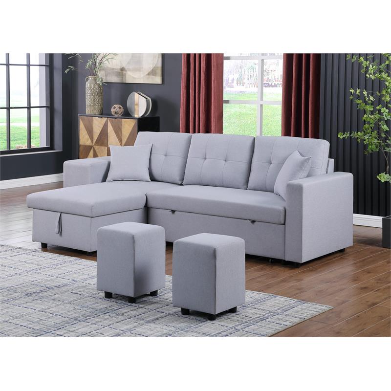 Maklaine Linen Fabric Reversible Sleeper Sectional Storage Chaise Stool in Gray