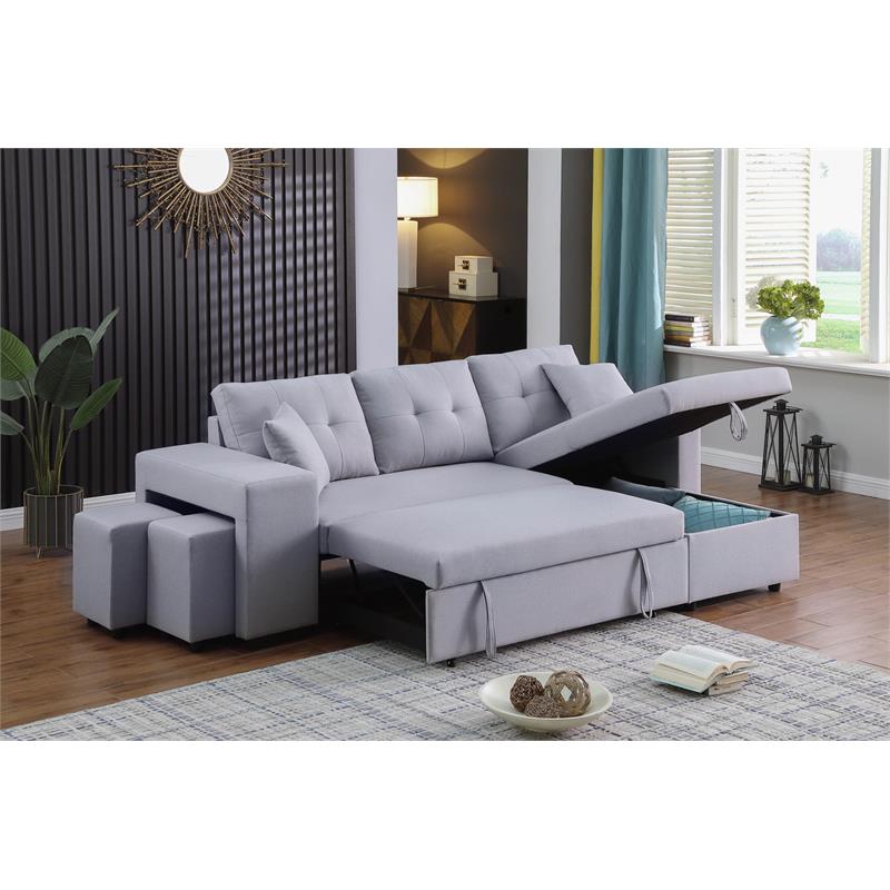Maklaine Linen Fabric Reversible Sleeper Sectional Storage Chaise Stool in Gray