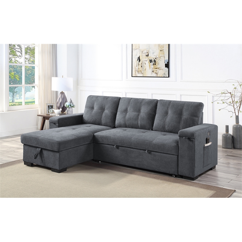 Maklaine Fabric Reversible Sleeper Sofa with Storage Cup Holder USB in Gray